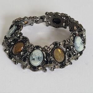 Vintage Victorian Gothic Dark Tone Metal Black Oval Cameo Rhinestone Bracelet